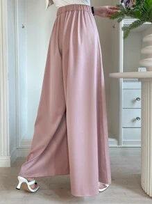 DAZY Solid Elastic Waist Wide Leg Trousers - Pink - View 2