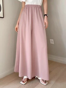 DAZY Solid Elastic Waist Wide Leg Trousers - Pink - View 4