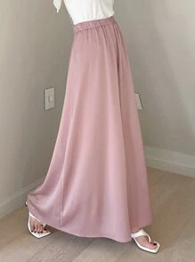 DAZY Solid Elastic Waist Wide Leg Trousers - Pink - View 5