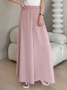 DAZY Solid Elastic Waist Wide Leg Trousers - Pink - View 6