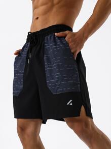 Gym Rark Men Striped Drawstring Waist Split Hem Sports Shorts - Black - View 3