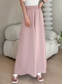 DAZY Solid Elastic Waist Wide Leg Trousers - Pink - View 7