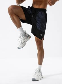 Gym Rark Men Striped Drawstring Waist Split Hem Sports Shorts - Black - View 4