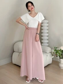 DAZY Solid Elastic Waist Wide Leg Trousers - Pink - View 8