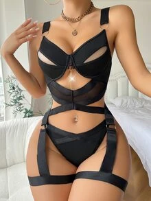 Mesh Panel Cut Out Underwire Garter Lingerie Set - màu đen - Xem 4
