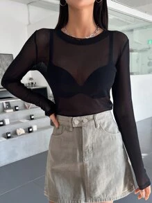 DAZY 1件纯色透视网纱长袖上衣 - 黑色 - 查看 6