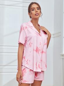 Bộ đồ ngủ Nữ Nút phía trước Cà vạt nhuộm Giải trí - Màu Hồng baby - Xem 1