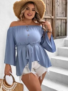 SHEIN VCAY Plus Off Shoulder Asymmetrical Hem Belted Blouse - Dusty Blue - View 1