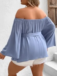 SHEIN VCAY Plus Off Shoulder Asymmetrical Hem Belted Blouse - Dusty Blue - View 2