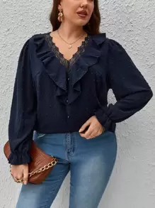 SHEIN Clasi 大碼圓點荷葉邊荷葉袖蕾絲細節襯衫 - 藏蓝色 - 查看 1