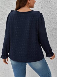 SHEIN Clasi 大碼圓點荷葉邊荷葉袖蕾絲細節襯衫 - 藏蓝色 - 查看 2