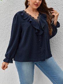 SHEIN Clasi 大碼圓點荷葉邊荷葉袖蕾絲細節襯衫 - 藏蓝色 - 查看 4