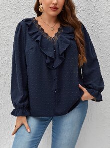 SHEIN Clasi 大碼圓點荷葉邊荷葉袖蕾絲細節襯衫 - 藏蓝色 - 查看 5