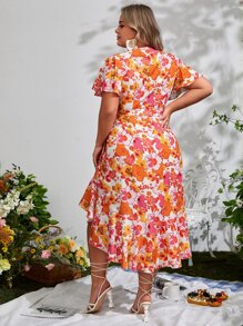 SHEIN VCAY Đầm Plus Size Thắt lưng Viên lá sen Trọn gói Hoa Tất cả trên in Boho - Nhiều màu - Xem 2