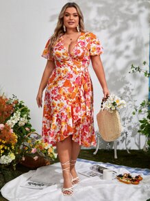 SHEIN VCAY Đầm Plus Size Thắt lưng Viên lá sen Trọn gói Hoa Tất cả trên in Boho - Nhiều màu - Xem 3