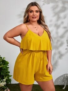 SHEIN VCAY Mono de tirantes unicolor ribete con fruncido - Mostaza Amarilla - Ver 3