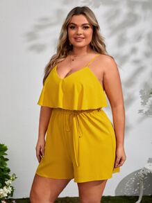 SHEIN VCAY Mono de tirantes unicolor ribete con fruncido - Mostaza Amarilla - Ver 5