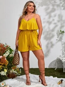 SHEIN VCAY Mono de tirantes unicolor ribete con fruncido - Mostaza Amarilla - Ver 4