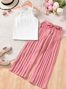 Girls Solid Halter Top & Pleated Trousers - Multicolor - View 1