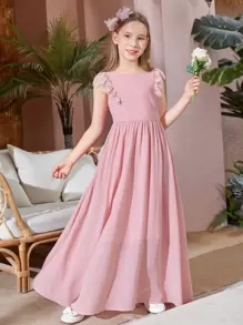 SHEIN Váy chiffon ren tương phản cho bé gái tuổi teen - Màu Hồng baby - Xem 7