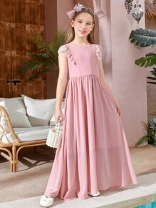 SHEIN Váy chiffon ren tương phản cho bé gái tuổi teen - Màu Hồng baby - Xem 3
