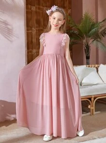SHEIN Váy chiffon ren tương phản cho bé gái tuổi teen - Màu Hồng baby - Xem 5