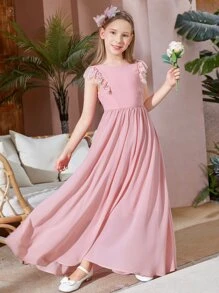 SHEIN Váy chiffon ren tương phản cho bé gái tuổi teen - Màu Hồng baby - Xem 6