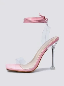 Tie Leg Design Sculptural Heeled Strappy Sandals - Pink - View 5