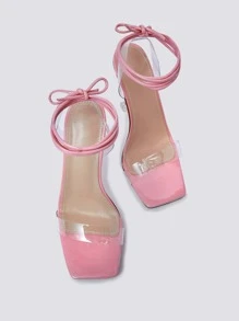 Tie Leg Design Sculptural Heeled Strappy Sandals - Pink - View 6