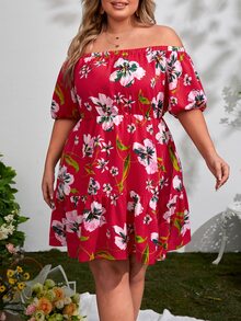 SHEIN VCAY Plus Floral Print Off Shoulder Puff Sleeve Dress - Multicolor - View 4