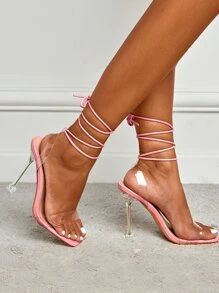 Tie Leg Design Sculptural Heeled Strappy Sandals - Pink - View 7