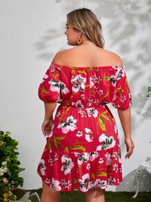 SHEIN VCAY Plus Floral Print Off Shoulder Puff Sleeve Dress - Multicolor - View 2