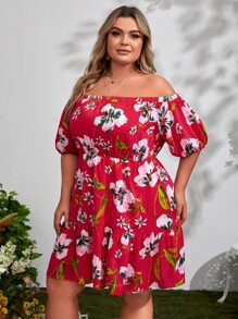 SHEIN VCAY Plus Floral Print Off Shoulder Puff Sleeve Dress - Multicolor - View 1