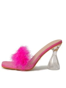 Fluffy Pyramid Heeled Mule Sandals - Hot Pink - View 3
