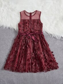 SHEIN Girls Floral Appliques Mesh Overlay Belted Dress - Burgundy - View 2