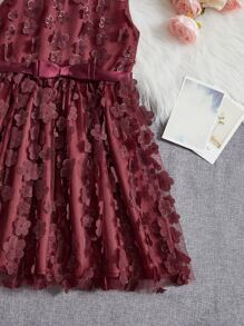 SHEIN Girls Floral Appliques Mesh Overlay Belted Dress - Burgundy - View 3