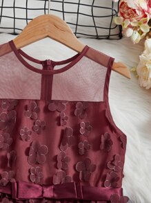 SHEIN Girls Floral Appliques Mesh Overlay Belted Dress - Burgundy - View 4