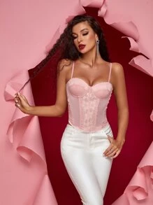 扣眼後背繫帶貝殼邊花卉蕾絲緊身吊帶 - 淺粉色 - 查看 5