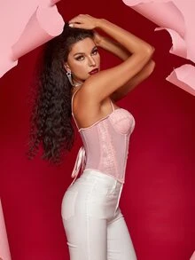 扣眼後背繫帶貝殼邊花卉蕾絲緊身吊帶 - 淺粉色 - 查看 4