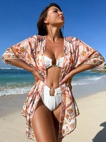 Paisley Print Open Front Kimono - Multicolor - View 1