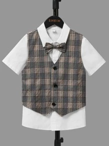 SHEIN 男孩格紋印花夾克背心和前蝴蝶結襯衫和褲子 - 深灰色 - 查看 10
