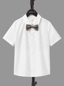 SHEIN 男孩格紋印花夾克背心和前蝴蝶結襯衫和褲子 - 深灰色 - 查看 12