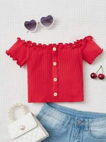 SHEIN 小女童一字肩木耳邊T恤 - 紅色 - 查看 1