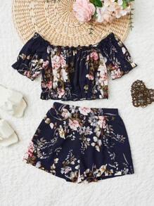 SHEIN Toddler Girls Floral Print Puff Sleeve Top & Shorts - Navy Blue - View 1