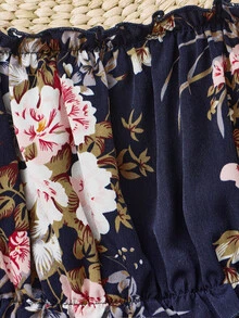 SHEIN Toddler Girls Floral Print Puff Sleeve Top & Shorts - Navy Blue - View 3