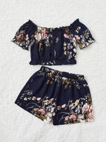 SHEIN Toddler Girls Floral Print Puff Sleeve Top & Shorts - Navy Blue - View 2