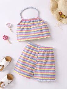 Toddler Girls Block Striped Halter Top & Shorts - Multicolor - View 2