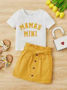 SHEIN Young Girl Toddler Girls Letter Graphic Tee & Paperbag Waist Belted Skirt - Mustard Yellow - View 1