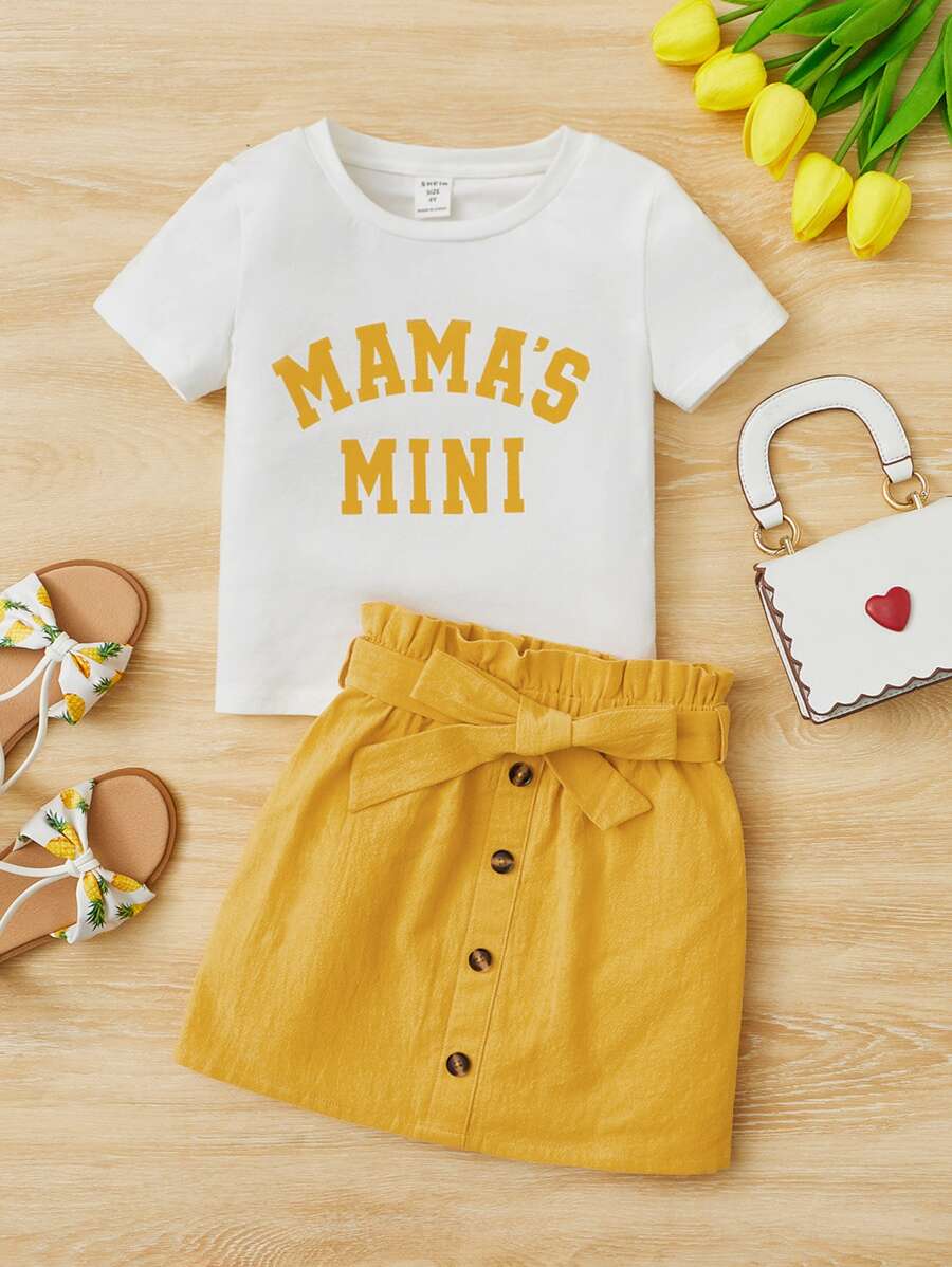 SHEIN Young Girl Toddler Girls Letter Graphic Tee & Paperbag Waist Belted Skirt - Mustard Yellow - View 1