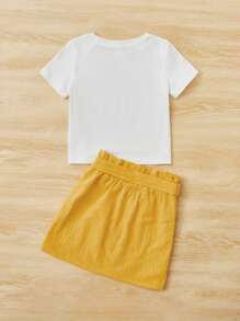 SHEIN Young Girl Toddler Girls Letter Graphic Tee & Paperbag Waist Belted Skirt - Mustard Yellow - View 2